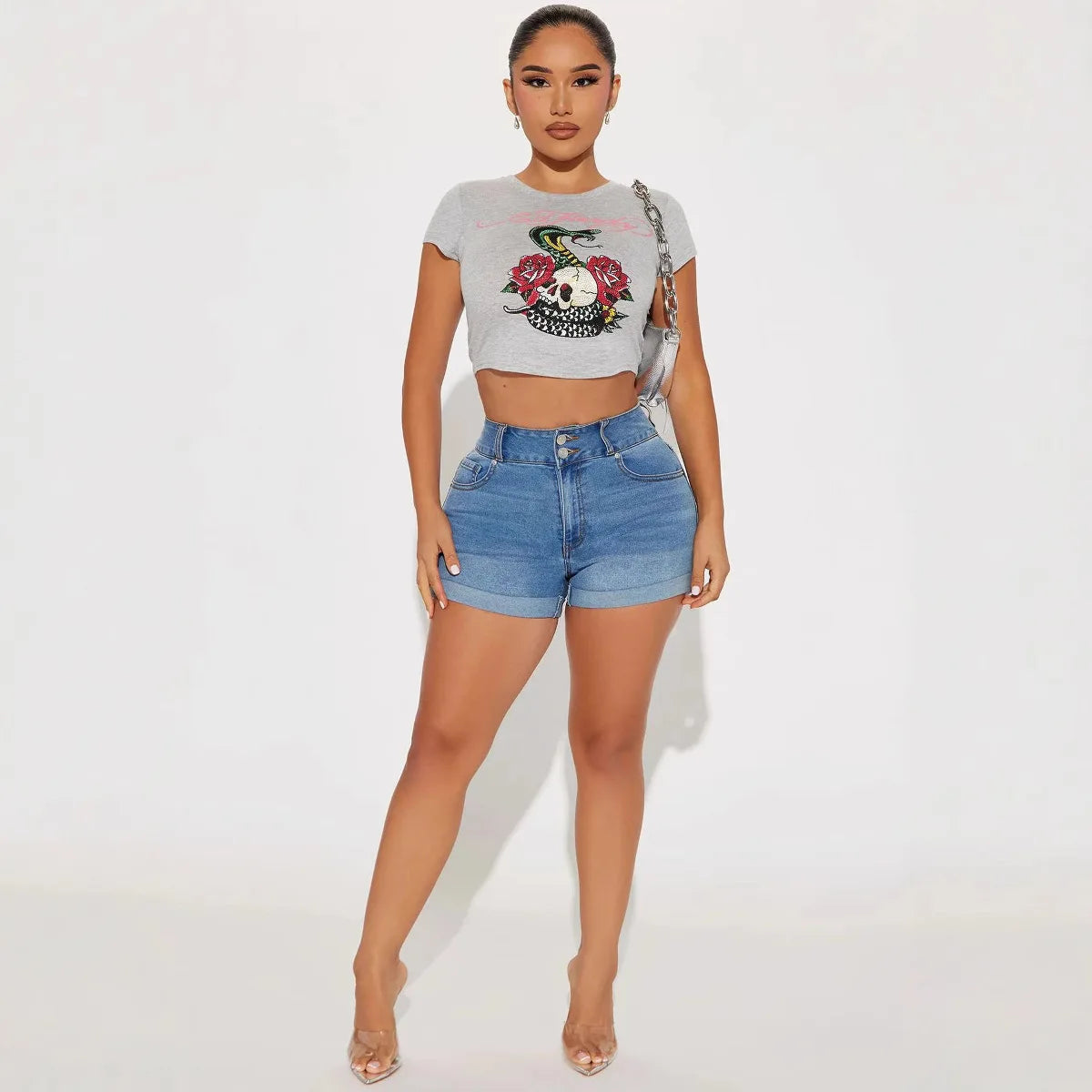 Women's Mid Blue Jeans Shorts New Plus Size Casual Solid Pattern Straight Style Elastic Waist Washed Denim for Summer