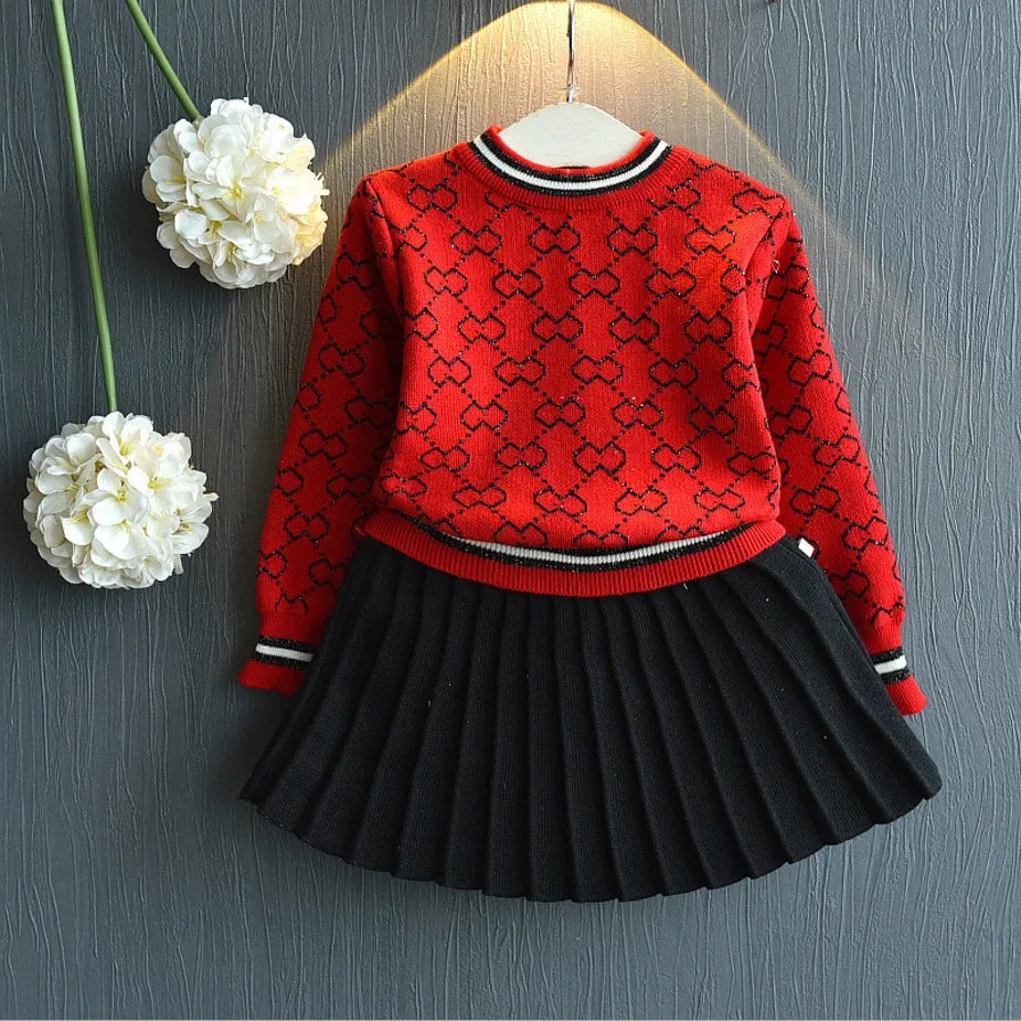 2025 Spring Autumn New Style Custom Print 2-Piece Set for Kids Sweet Cotton Sweater with Pleated Skirt for Little Girls