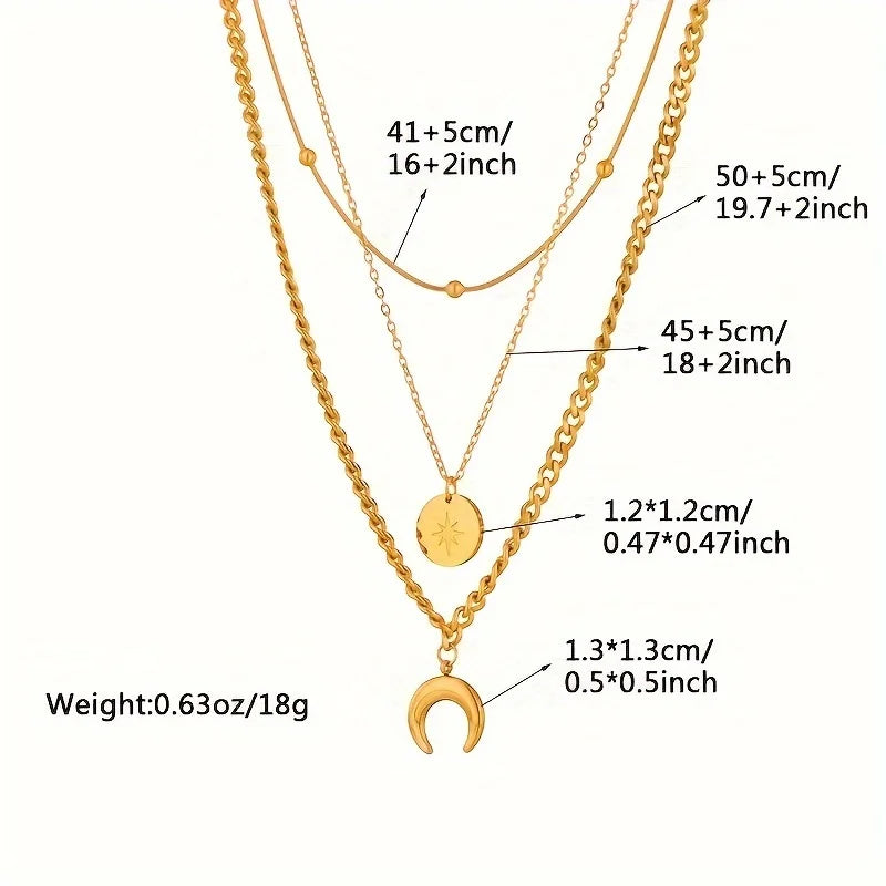 Stainless Steel Golden 3 Layer Shine Crescent Moon Pendant Necklace Women Trend Chain Neck Jewelry Gift