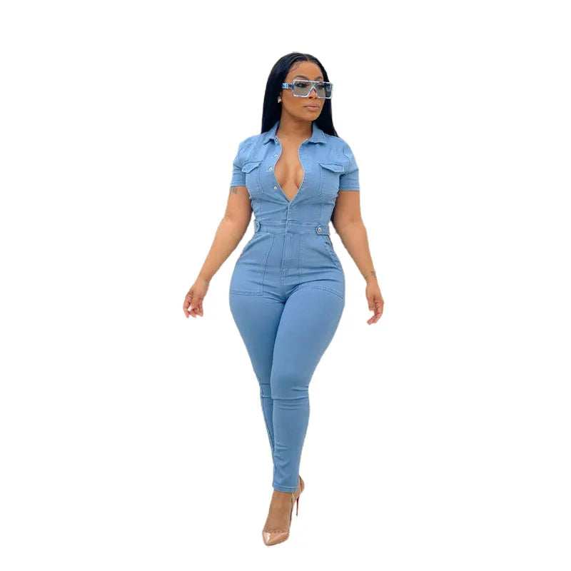 Autumn and Winter New Hotsale Ebay Women's Short-sleeved Casual Women's Denim Jumpsuit Jean Pants