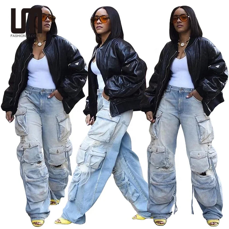 Liu Ming Spring Summer New 2023 Women Fashion Multi Pockets Cargo Pants Loose Fitting Straight Leg Jeans