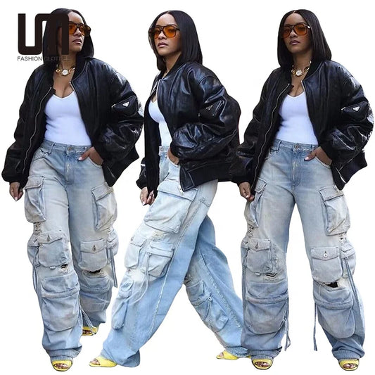 Liu Ming Spring Summer New 2023 Women Fashion Multi Pockets Cargo Pants Loose Fitting Straight Leg Jeans