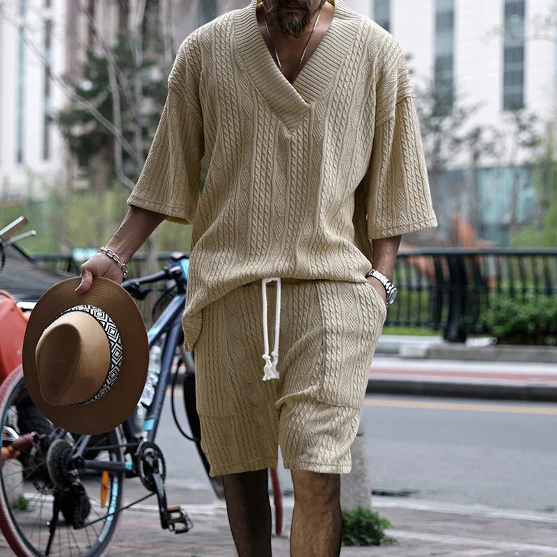 2024 Summer Men's Breathable Jacquard Casual Suits Loose Short Sleeve T-Shirt + Shorts V-Neck Tracksuit Two-Piece Set