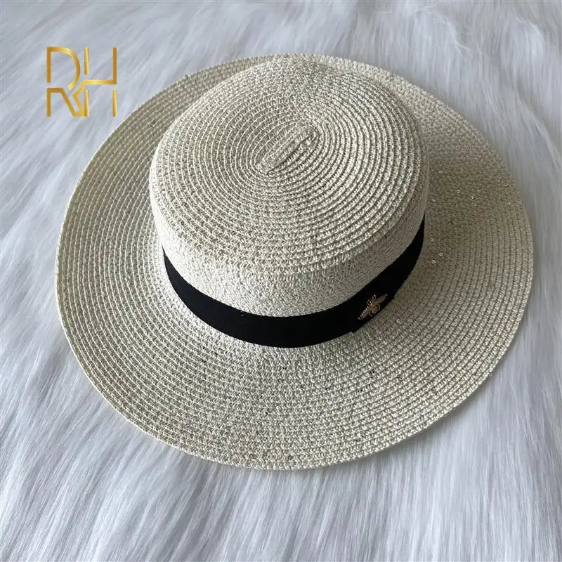 Fashion Sequins Sunscreen Paper Straw Hat Spring Summer British Flat Top Panama Sunshade Golden Bee Beach Hat