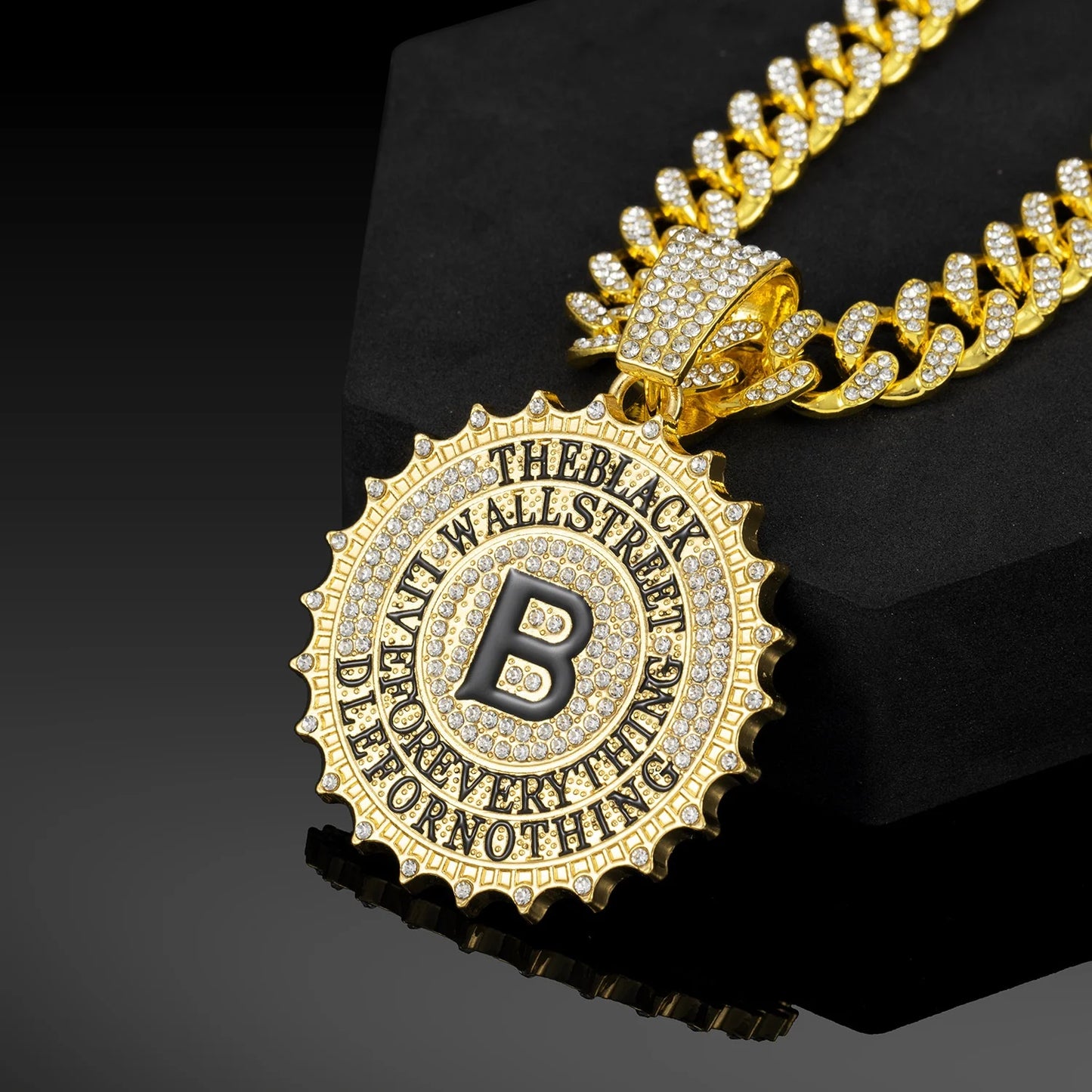 CJH Hip Hop Brand Men's Full Diamond Cuban Necklace Round B Diamond Letter Pendant Long Chain for Gift Cross-Border Supply