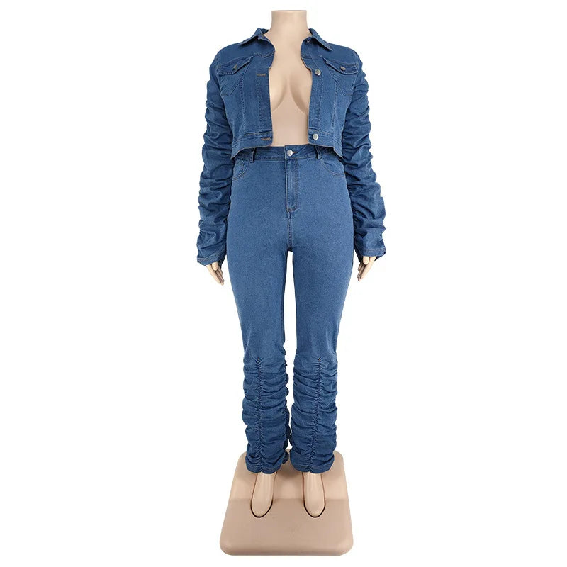 Denim Plus Size Sets Women 2 Piece Set Puff Long Sleeve Jacket Stretch Stacked Jeans Fall Winter Clothes Wholesale Dropshipping