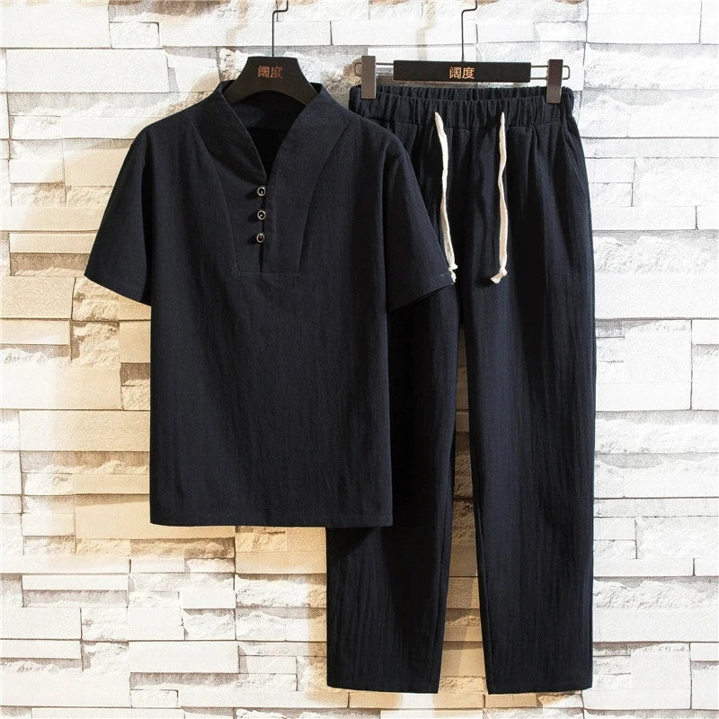 Custom New Fashion Men's Summer Suit - Large Size Chinese Style Loose Retro Casual Two Piece Set with Traditional Design