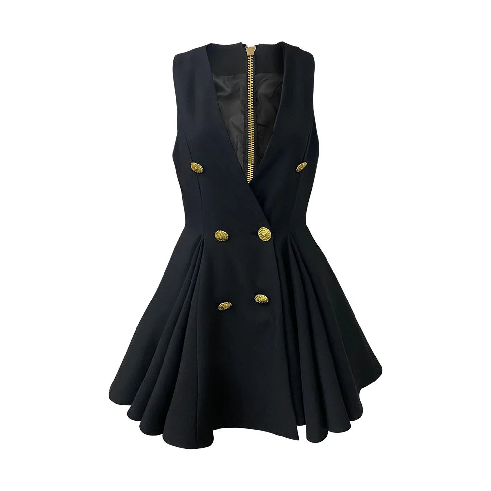 ANSZKTN 2024 Spring and Summer New Style Black V-neck Double-breasted Dress Female Niche Design High-end High-waisted Vest Skirt