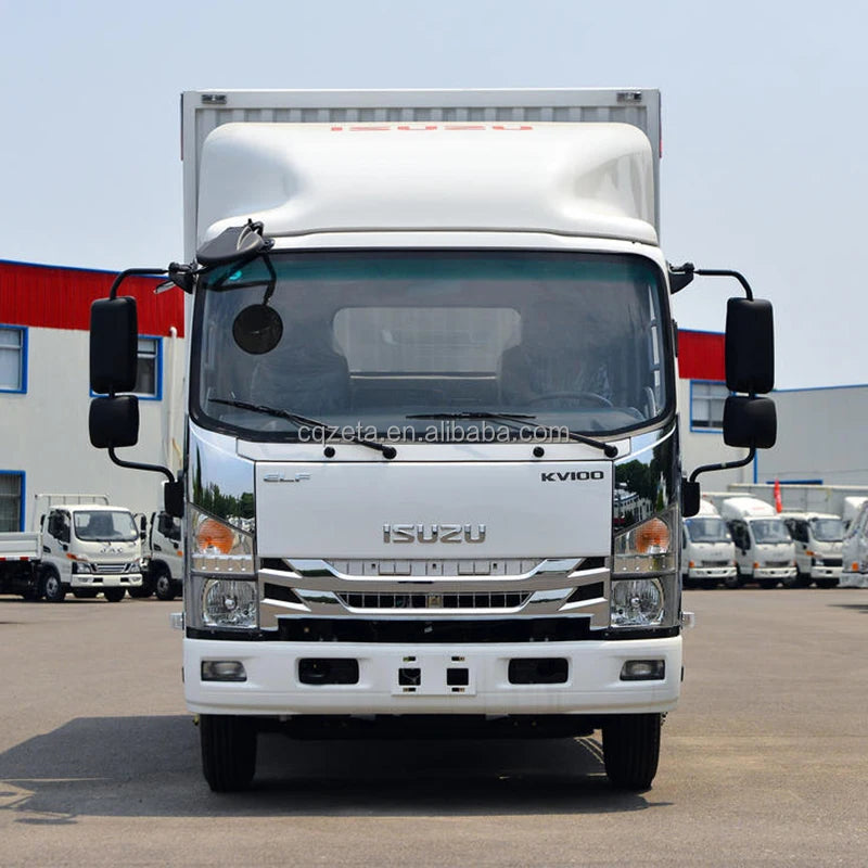 Isuzu ELF KV100 4*2 Diesel Van Cargo Truck 5-10 Ton Light Euro 6 Single Row Cab with Rear Steering Left Box Lorry Truck