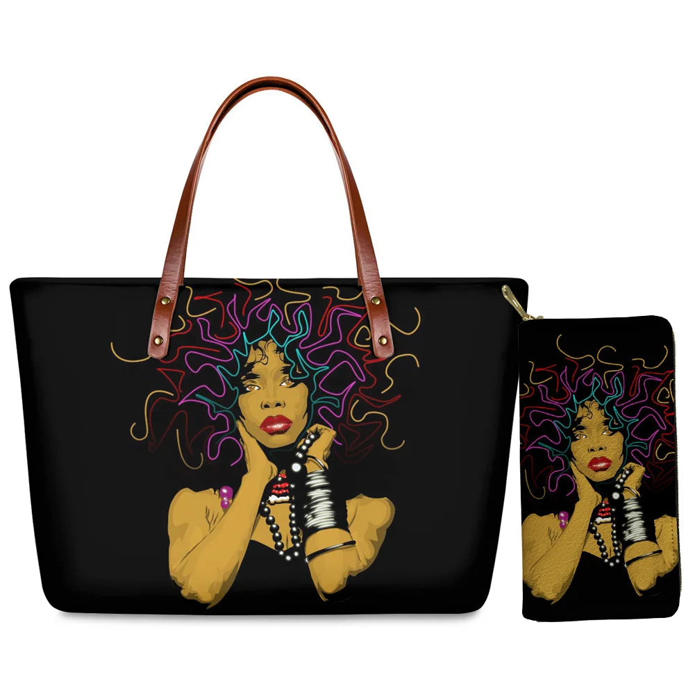 High Quality Latest Custom Pattern Women Hand Bags Black Art African Girls Printed Top Handle Tote Bag Luxury Purse for Ladies