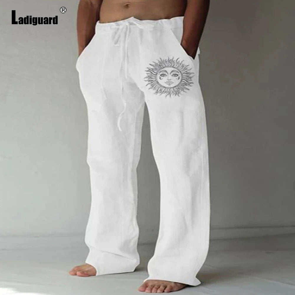 Plus Size 5xl Mens Loose Pants 2025 Summer Casual Linen Pants Male Fashion Print Trouser Men Patchwork Drawstring Leisure Pant