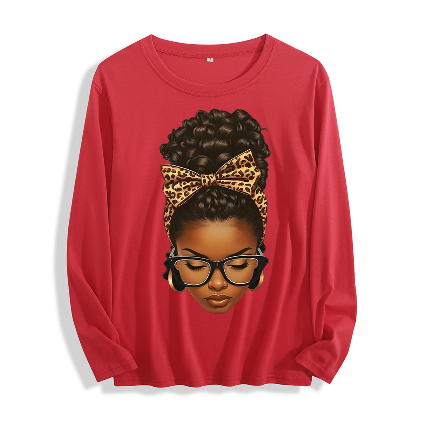 100% Cotton "Leopard Bow Curly Hair Graphic" Long - Sleeve T - Shirt, Multi - Colors