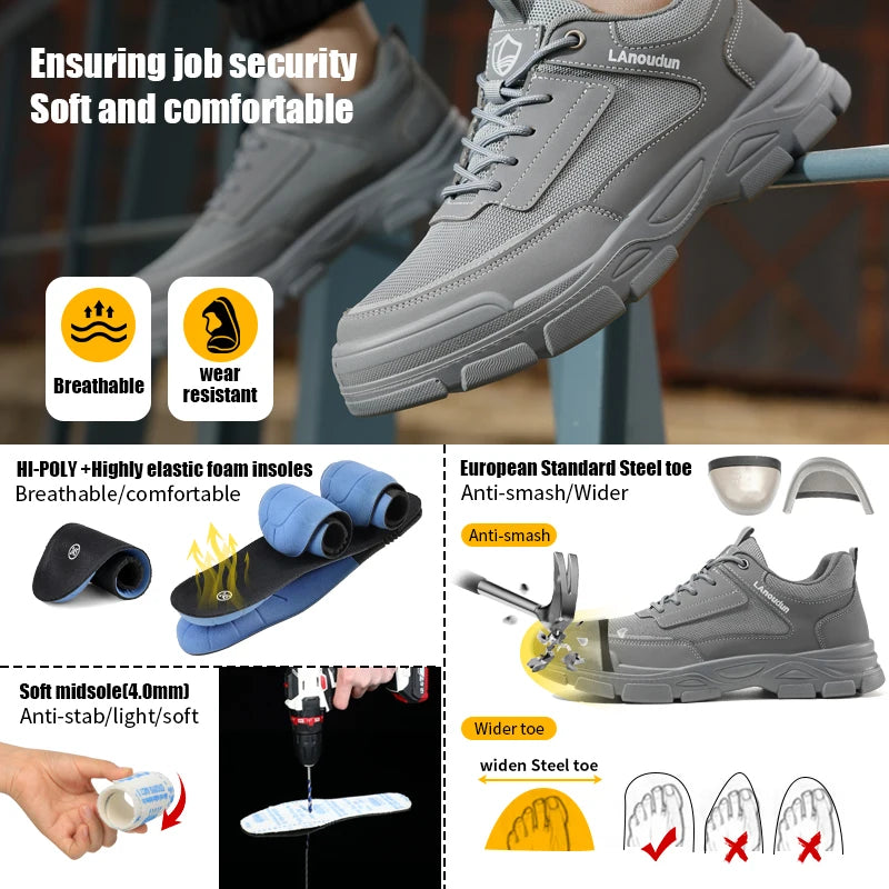 LANOUDUN Steel Toe Low Top Safety Shoes All Season Puncture-resistant Microfiber For Men