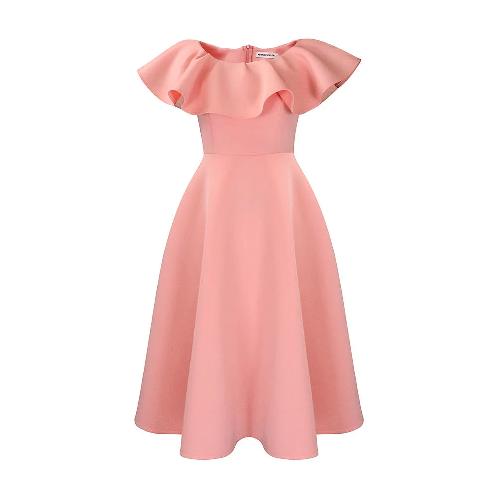 Plus Size Summer Fashionable and Elegant Solid Color Ruffle Edge Banquet Mid Length Large Swing Dress Plus Size Women'S Dress