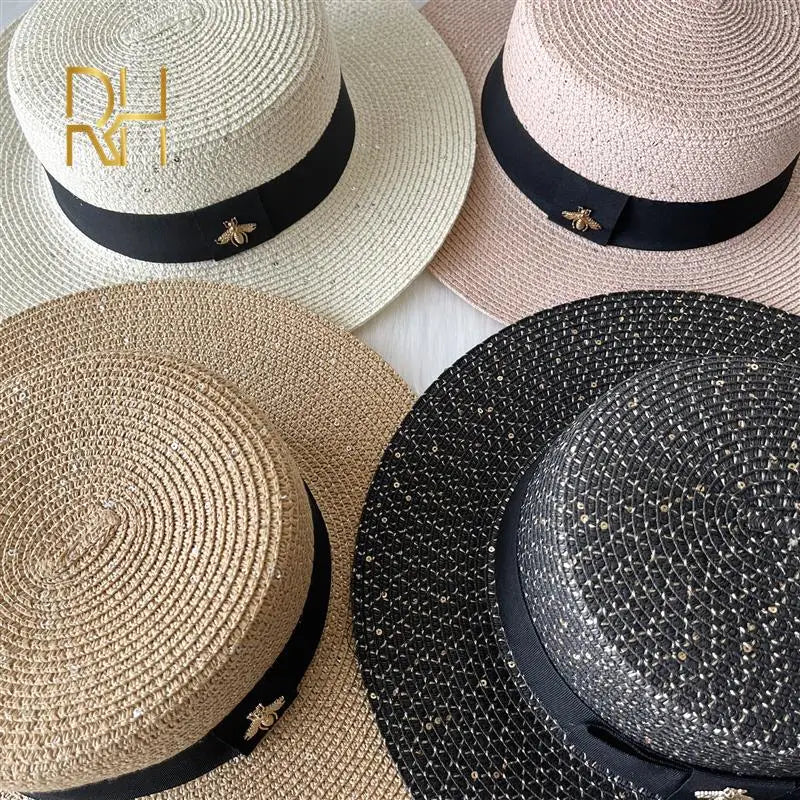 Fashion Sequins Sunscreen Paper Straw Hat Spring Summer British Flat Top Panama Sunshade Golden Bee Beach Hat