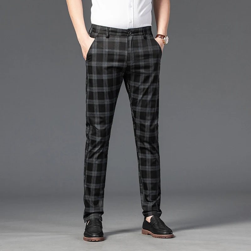 2025 Spring New Men's Plaid Casual Pants Business Fashion Slim Stretch Male Skinny Trousers Brand Clothes 7 Color