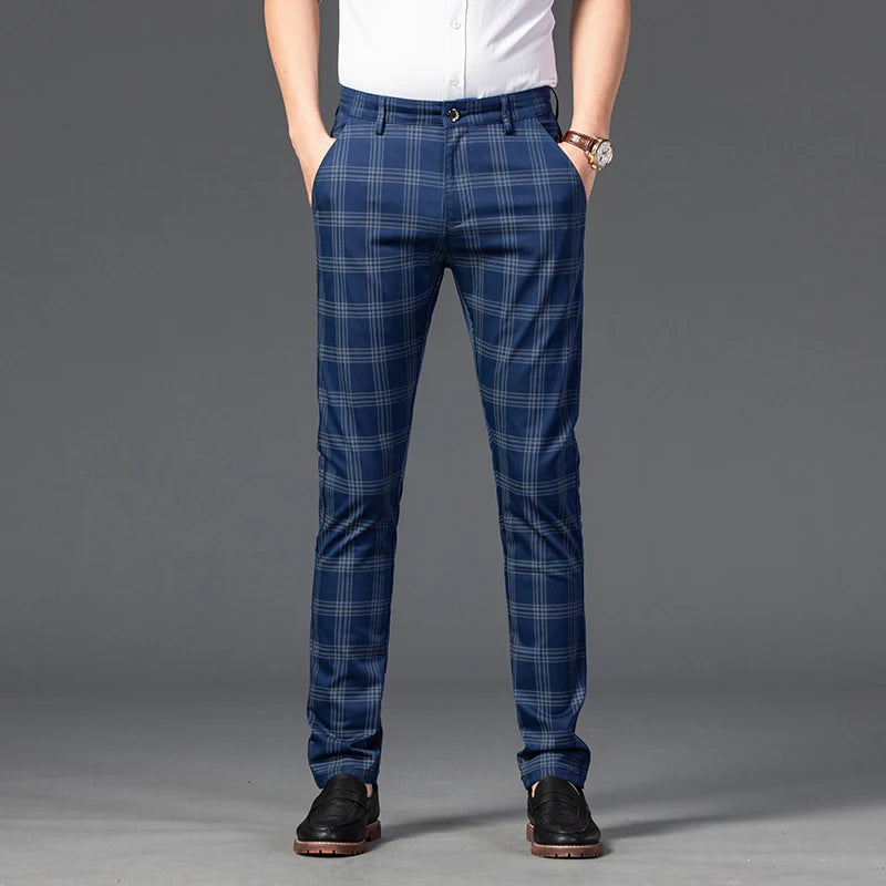 2025 Spring New Men's Plaid Casual Pants Business Fashion Slim Stretch Male Skinny Trousers Brand Clothes 7 Color