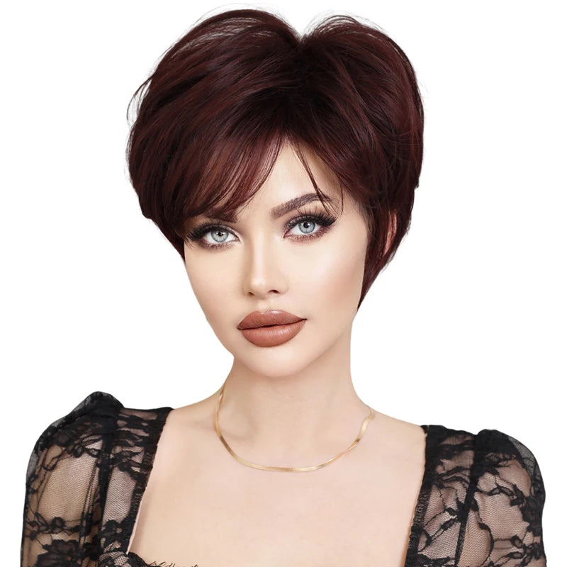 Pixie Cut Hair Wigs with Bangs Ombre Red Color Wigs Cute Natural Looking Short Black and Burgundy Layered Wavy Wigs for Women