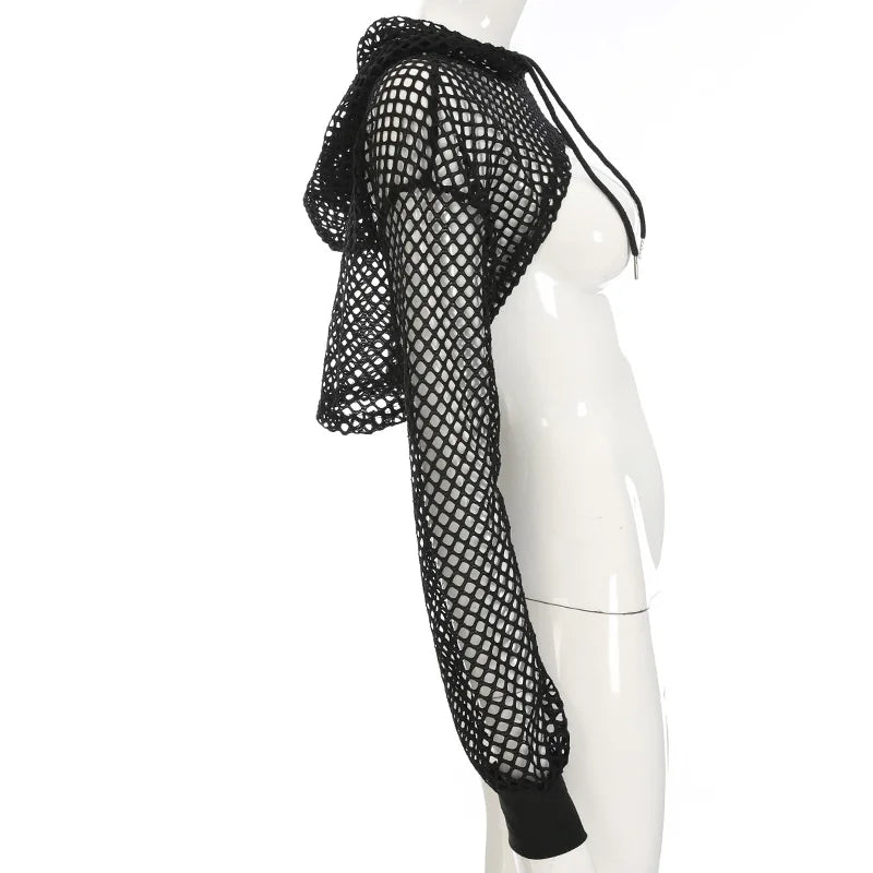 2022 New Spring  Streetwear Neon Green Mesh Fishnet Top Women Tshirt Perspective Long Sleeve Women's T-shirts Sexy Cropped Shirt