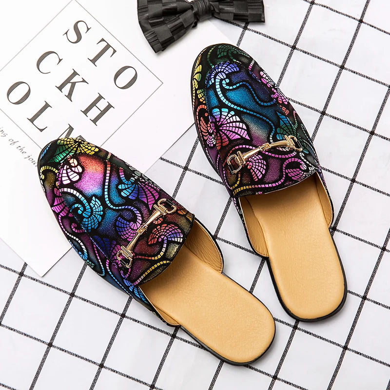 2026 Men Party Dress Shoes Loafer Genuine Leather Slippers Wear Wedding Fashion Trend Half Slippers Summer Men's Shoes