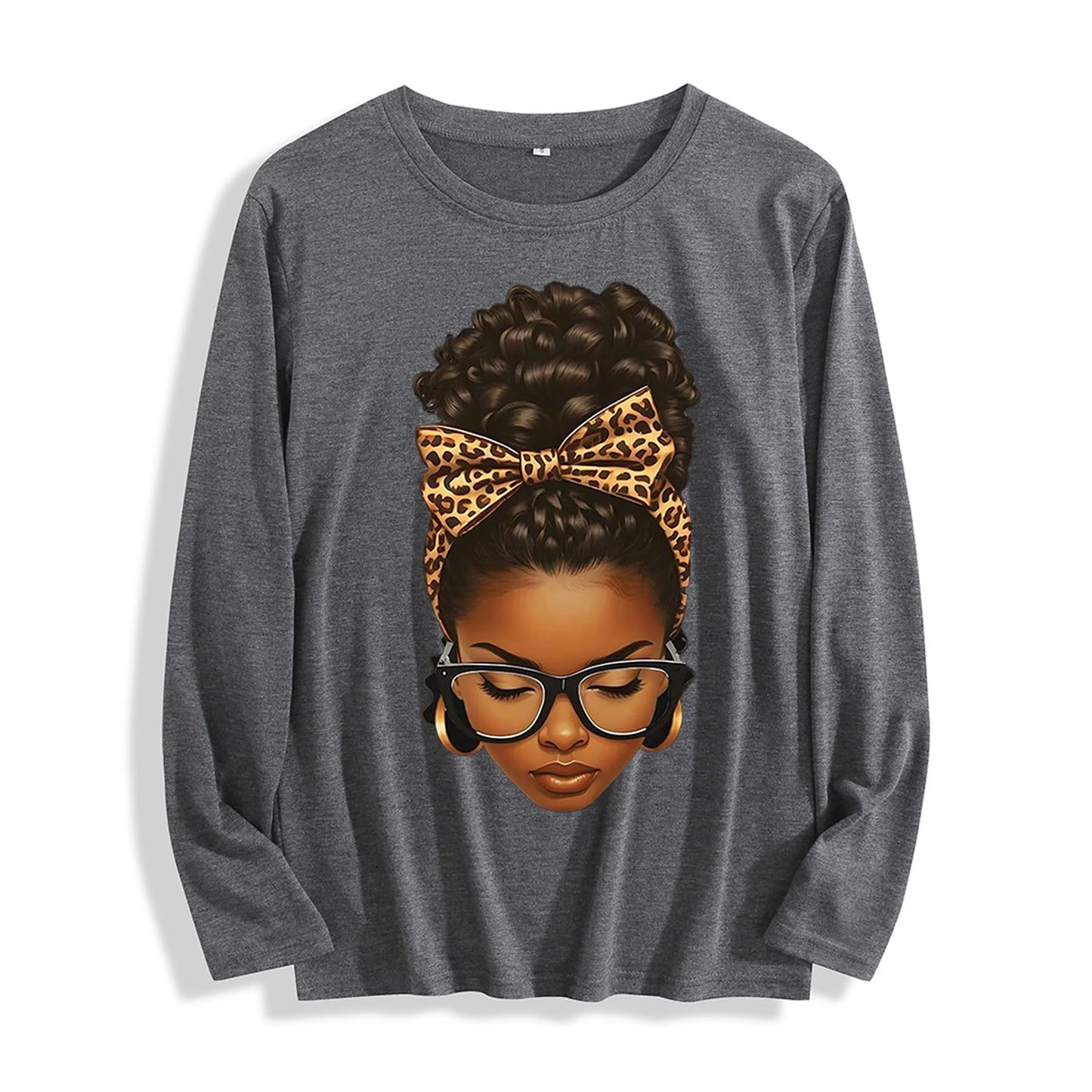 100% Cotton "Leopard Bow Curly Hair Graphic" Long - Sleeve T - Shirt, Multi - Colors