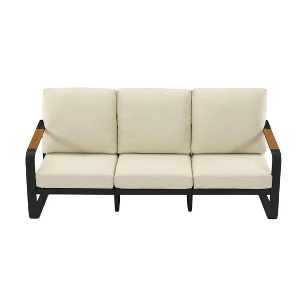 Outdoor 3 Seater Sofa Tall Back 62cm Oversized Seat Black Metal Frame Wood Armrests PET Fabric Cushions 330 LBS Patio Furniture