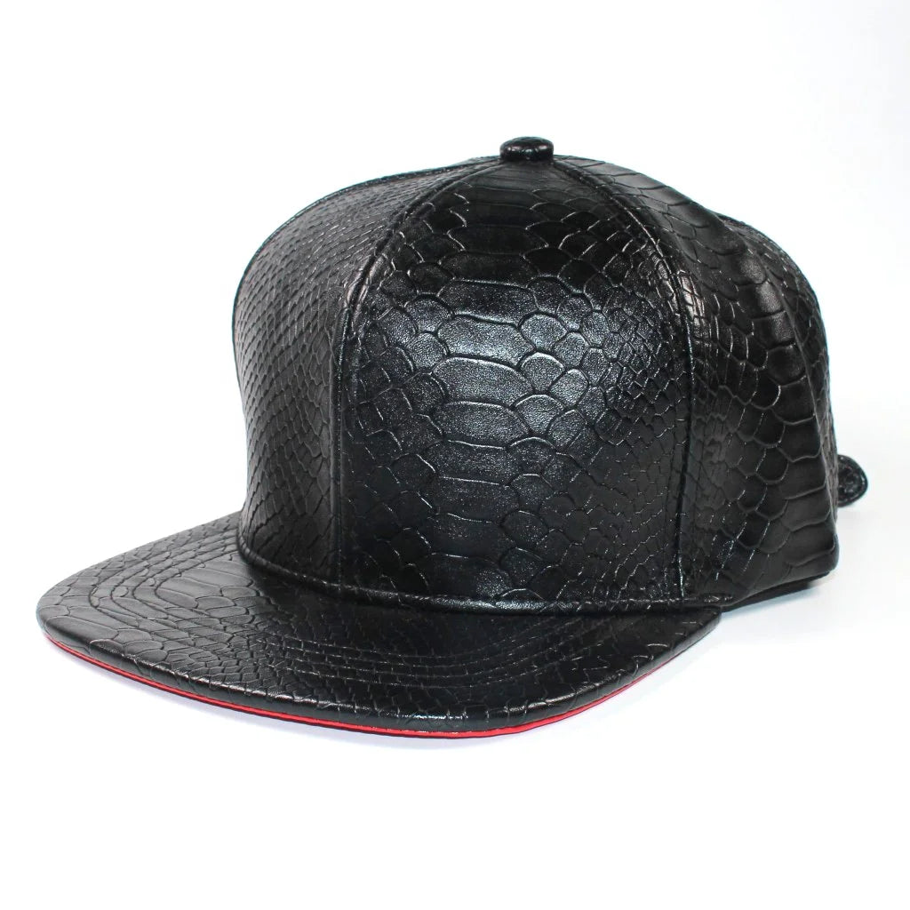 Wholesale Black Snakeskin PU Leather Common Fabric 6-Panel Fashion Cap-Logo Embroidered Adjustable Strapback Hat for Unisex