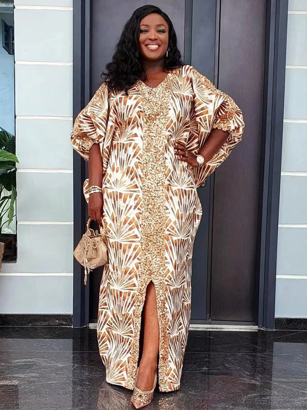 New Fashion Women Africa Summer Spring Short Sleeve Robe Printing Patchwork Sequin V-neck Long Dress Muslim Casual Dresses