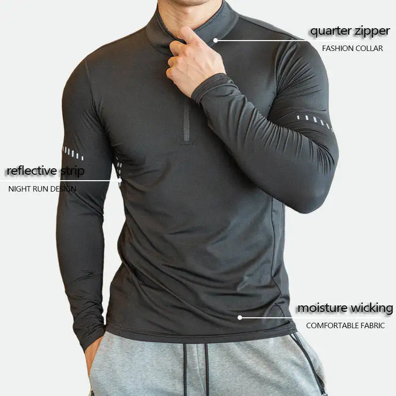 Compression T-shirts Men Fitness WearCustom Long Sleeve Zip Gym Workout Clothing