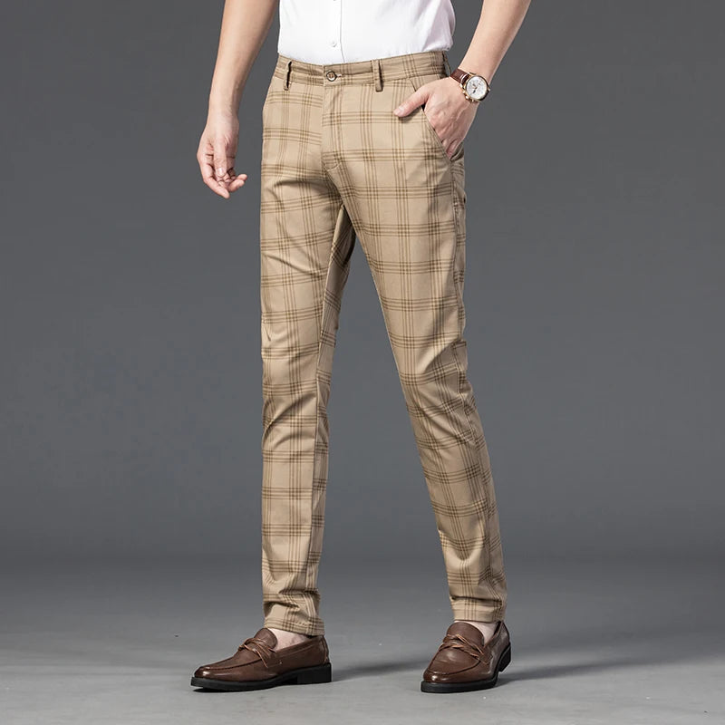 2025 Spring New Men's Plaid Casual Pants Business Fashion Slim Stretch Male Skinny Trousers Brand Clothes 7 Color
