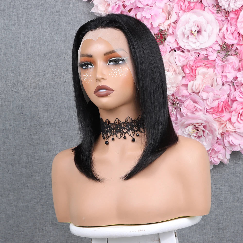 Natural Human Bob Wig Pre Plucked Baby Hair 180% Density Short Front Transparent for Natural Black Women Straight Bob Frontal