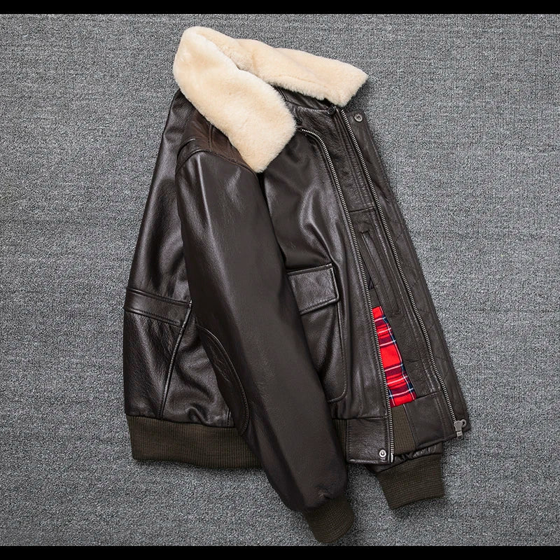 Air Force Flight Jacket Fur Collar Genuine Top Layer Cow Leather Jacket Men Black Brown Cow Coat Men's Winter Jacket 정품 가죽
