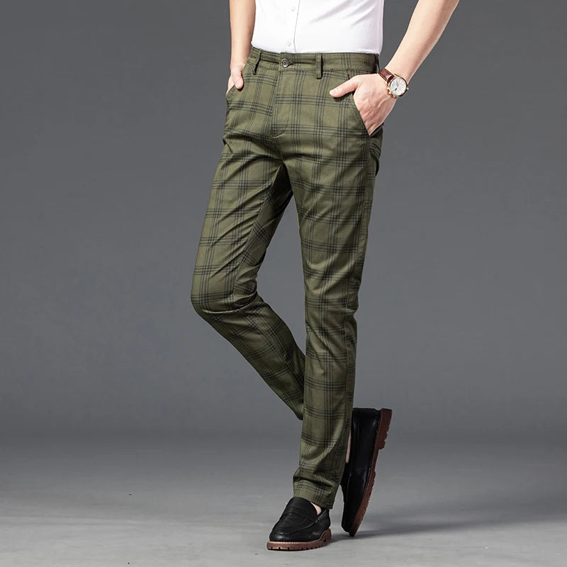 2025 Spring New Men's Plaid Casual Pants Business Fashion Slim Stretch Male Skinny Trousers Brand Clothes 7 Color
