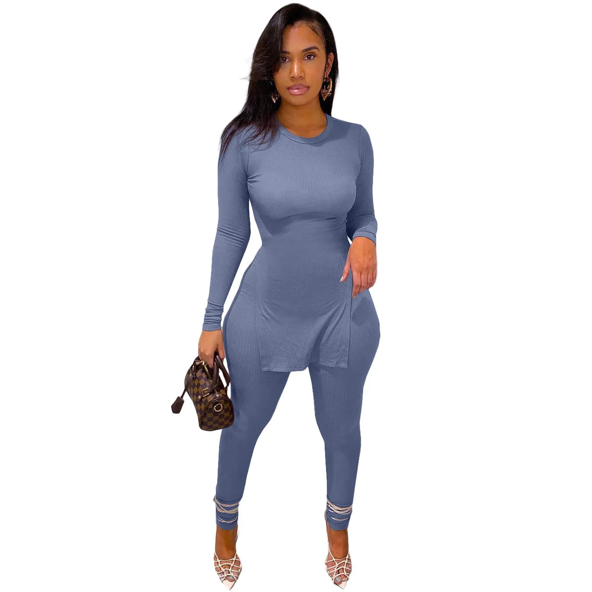 Woman Ribbed Knitted Women Two Piece Set Long Sleeve Slit Top Leggings Skinny Sports Tracksuit Fall Clothing