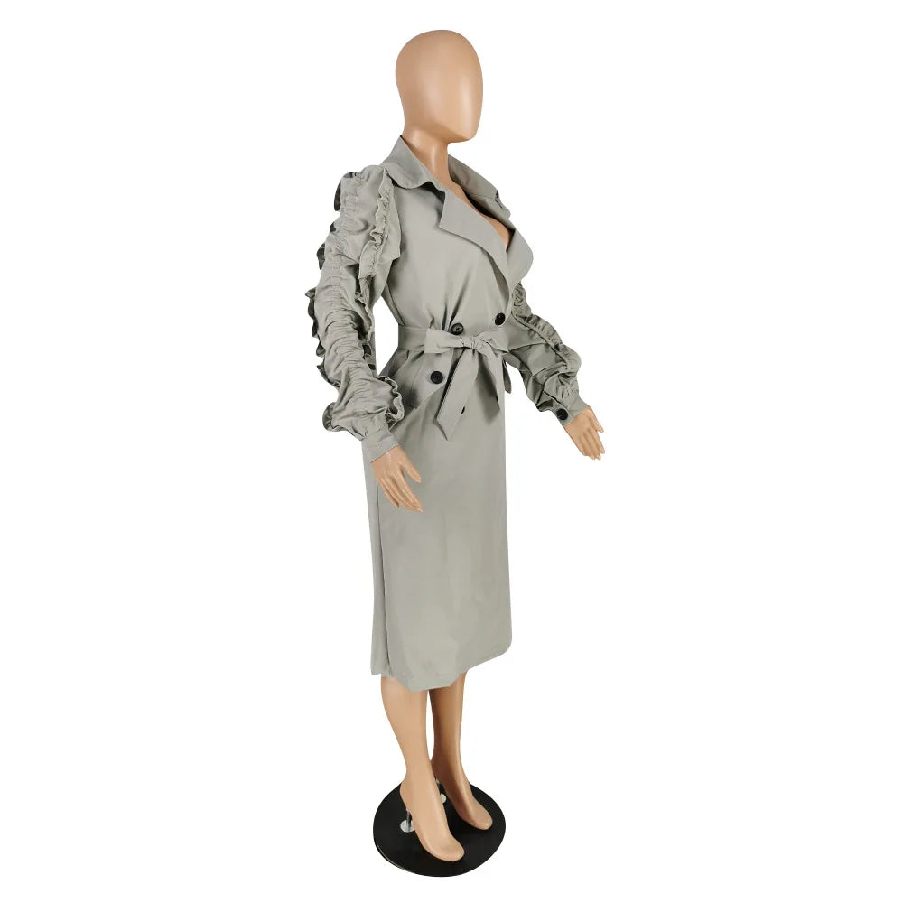 ANSZKTN Spring Fall Stacked Sleeve Midi Women'S Trench Coats Long for Ladies Women