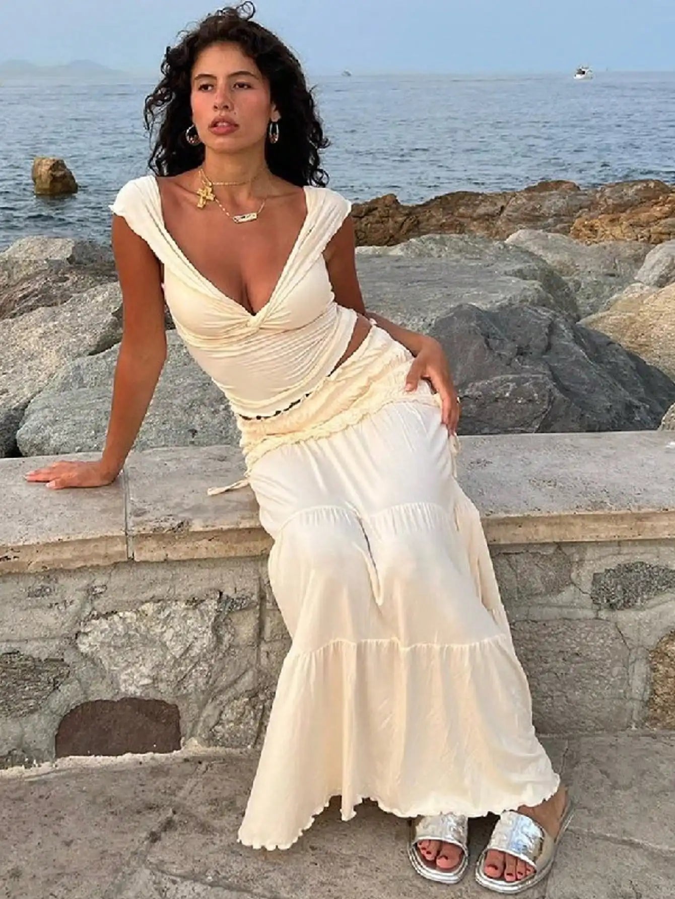 2026 Women Summer Casual Tank Top Skirt Set Sexy V-Neck Solid Color Slim Skinny Fit Wrinkled Edge Daily Wear Dress Set