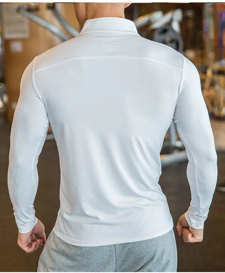 Compression T-shirts Men Fitness WearCustom Long Sleeve Zip Gym Workout Clothing