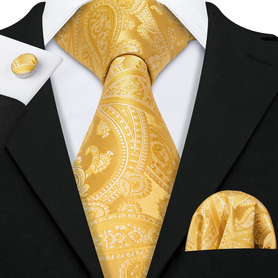 Free Shipping Men's Yellow Tie  Wedding Necktie and Pocket Square Cufflinks Set Paisley