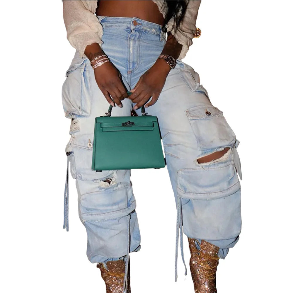 F88483 High Waist Chic Ripped Hole Baggy Jeans Y2K Denim Boyfriend Street Style Wide Leg Straight Cargo Jeans