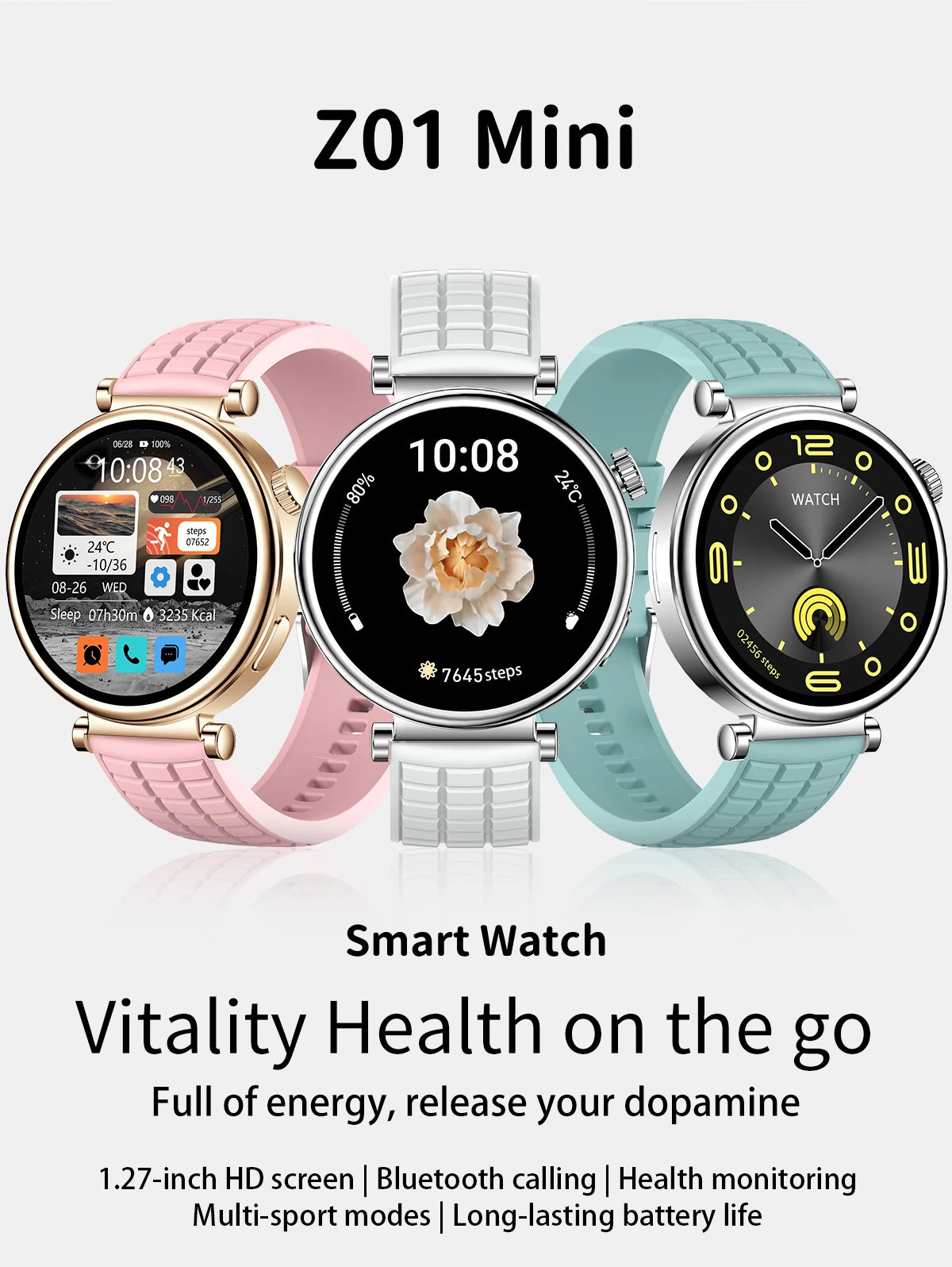 Z01 Mini Smartwatch for Ladies 2025 BT Call Fitness Tracker 1.27 AMOLED Screen 2 Straps IP67 Stock Reloj Inteligente for Women