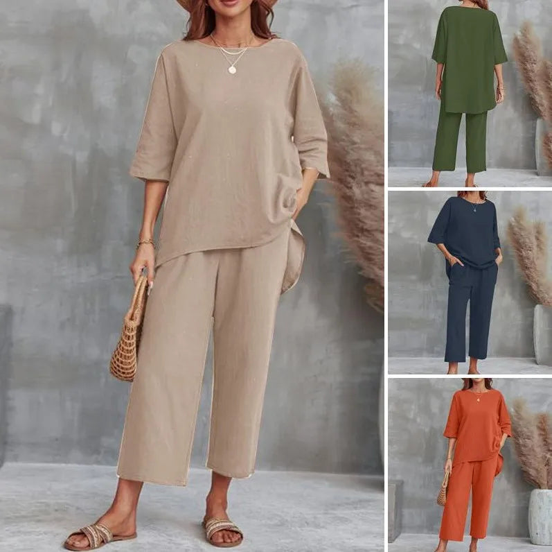 S-4XL Summer Plus Size Women Cotton Loose Elegant Short Sleeve Trousers Two-piece Set Solid Color Breathable Women Casual Suits