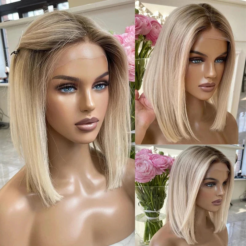 Ombre Blonde Lace Front Human Hair Wigs 100%Brazilian Virgin Hair Glueless Short Bob Wigs for Woman