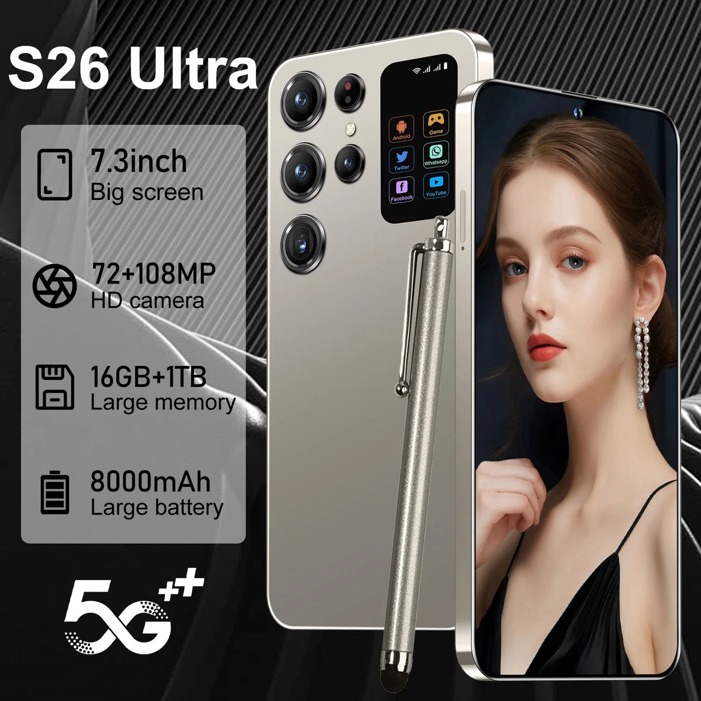Face Recognition Unlock Original S26 Ultra 5G Smart Mobile Phone 7.3-inch HD Screen 16GB RAM+1TB Storage Deca Core Processor