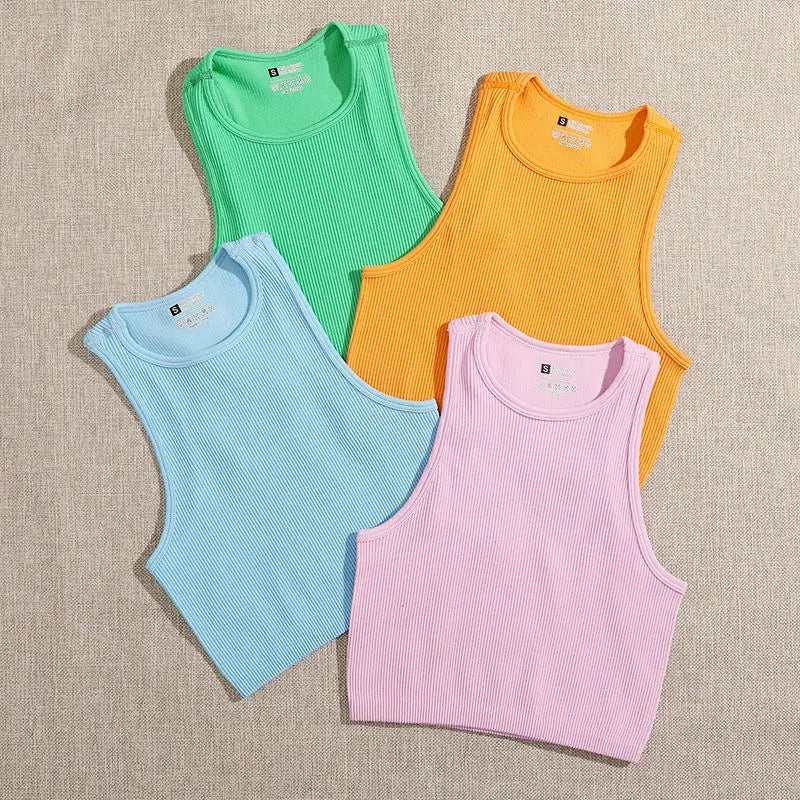 Crop Top Women Solid Basic T-shirts Vest Seamless Streetwear Elastic Rib-Knit Sleeveless Casual Tank Tops Female