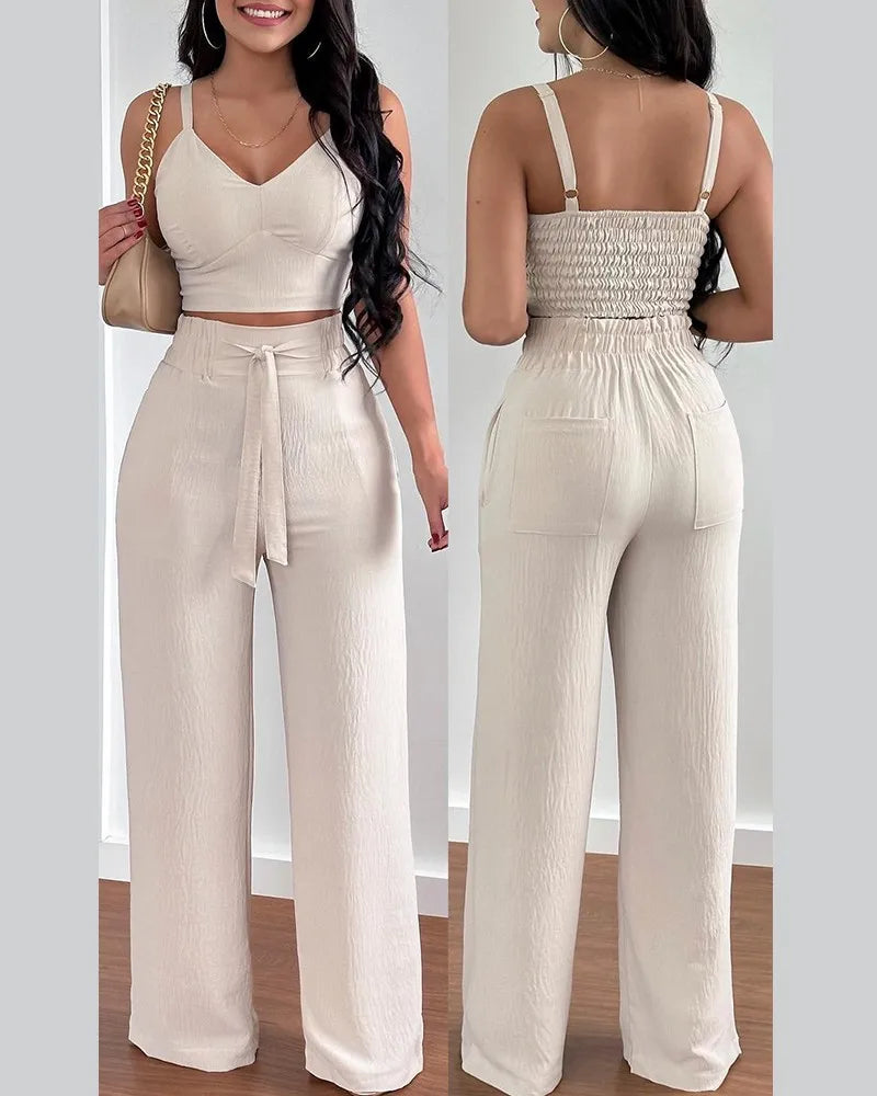 Women's Pleated Suspender Top With Fashionable Wide Leg High Waist Pants Set Casual 2-piece Set