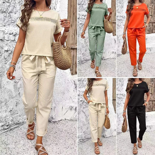 Casual Temperament Pure Colour Cotton and Linen Ladies Short Sleeve Trousers Suit Summer Hot Fashion T-shirt Suit New 2025