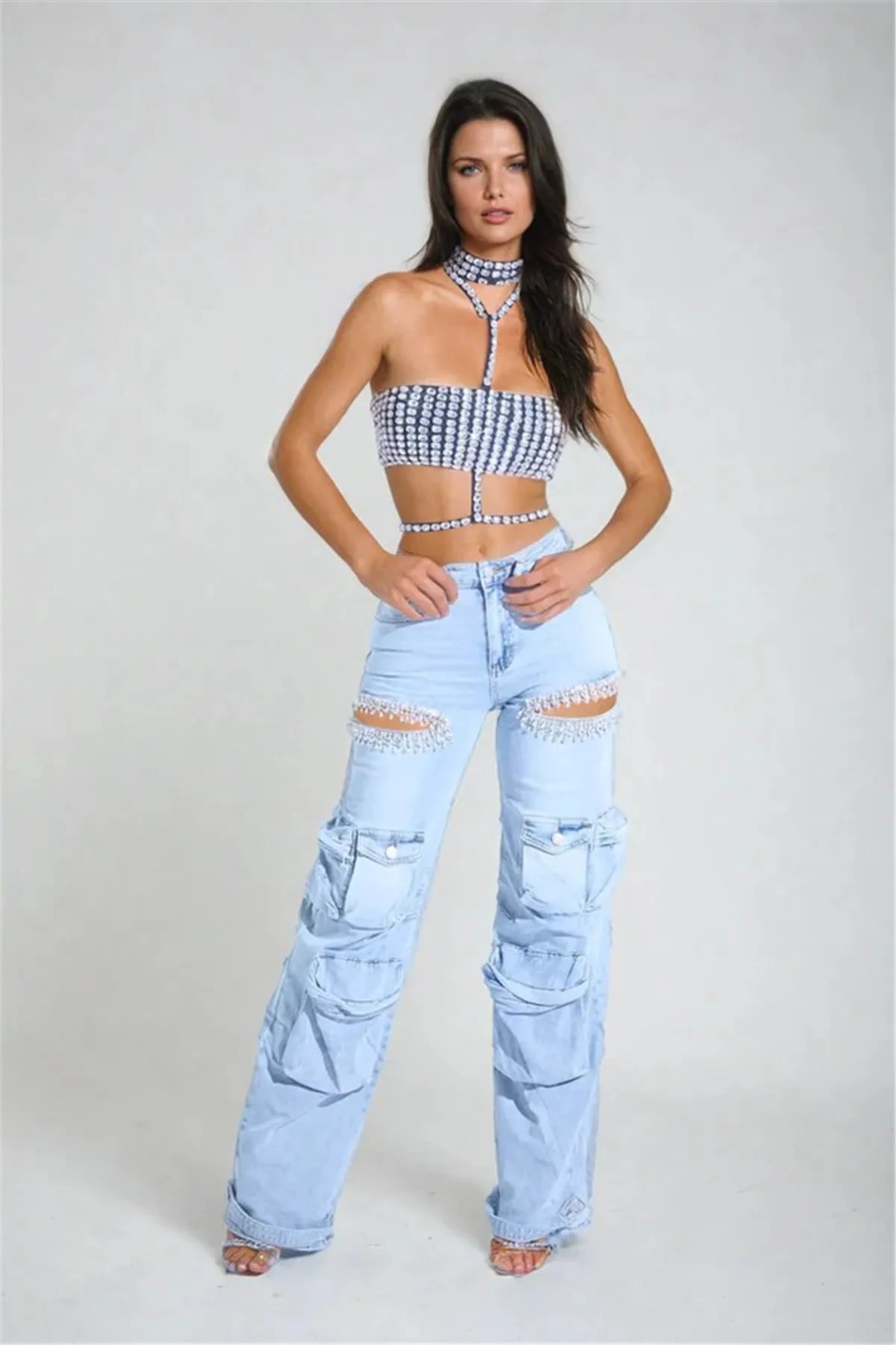 Ohsisa 2025 New Spring and Summer Jeans Fashionable Hollow Diamond Decoration Multi-pocket Stretch Cargo Jeans for Ladies