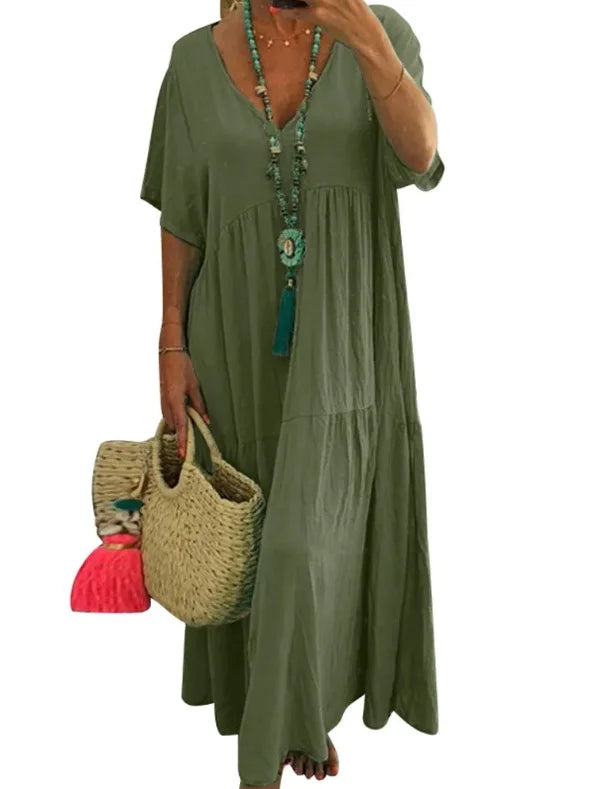 Simple Summer Women's Casual Loose Plain Long Maxi Dresses Plus Size Sundress Short Sleeve Women Boho Dress