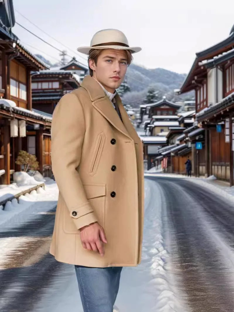 Fashion Men Fall Winter Trench Coat Long Sleeve Coat Notch Collar British Style Mid Length Men Jacket