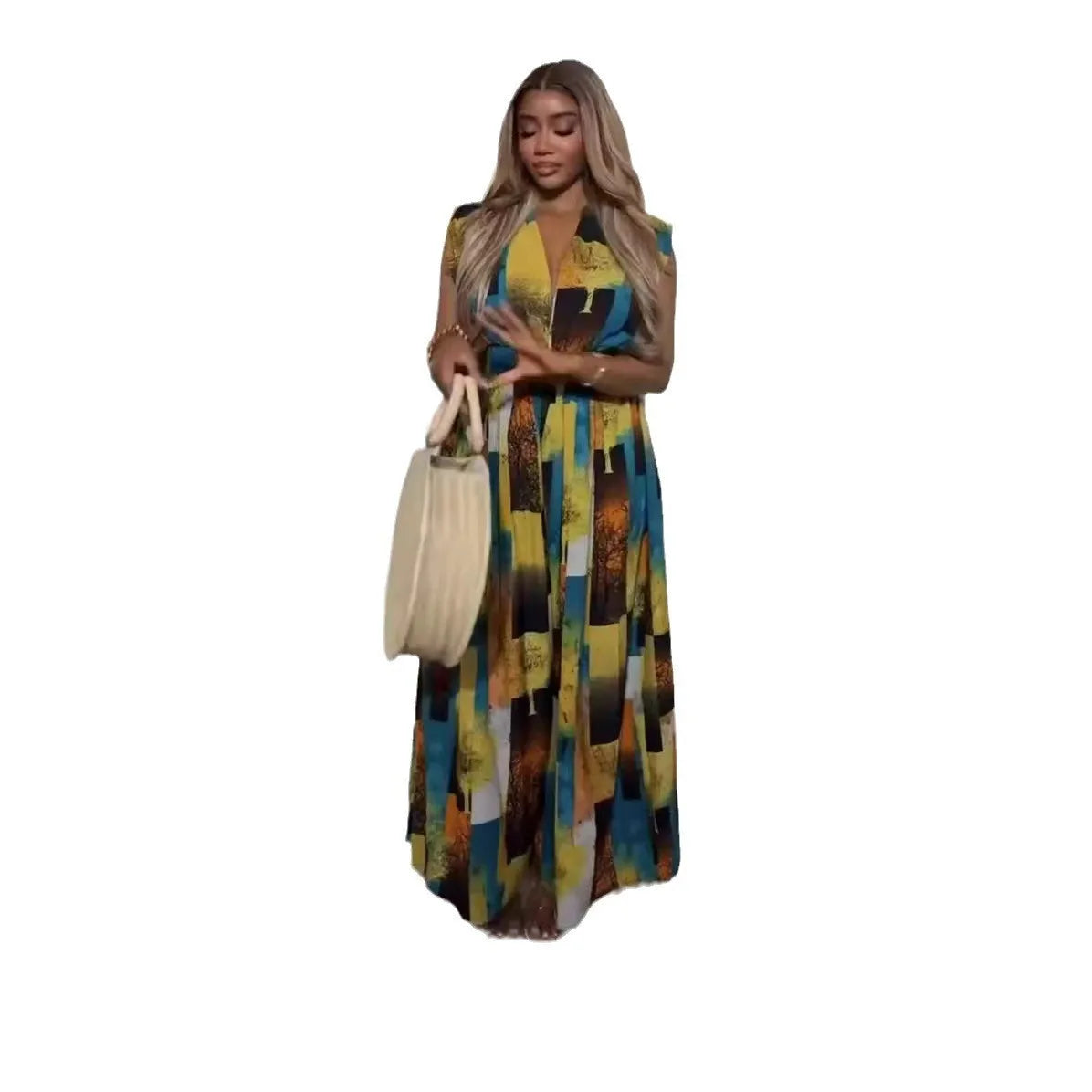 Casual V Neck Sleeveless Jumpsuit with Print Patchwork Breathable Knitted Summer Jumpsuit for Parties Button Decoration